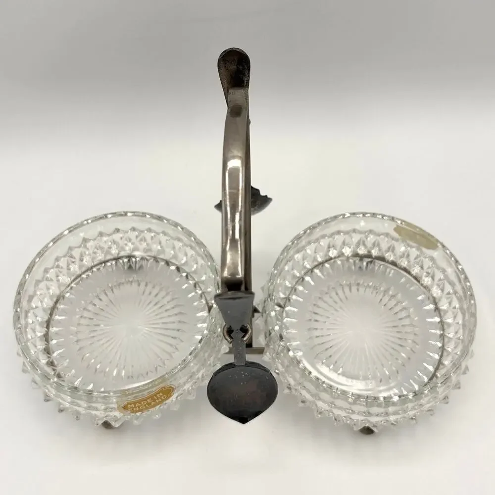Vintage Queen Anne Double Condiment Caddy Jam SILVER PLATE Glass made in England